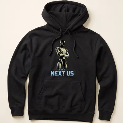 Futuristic humanoid robot shirt featuring sleek design with modern colors — printed on a unisex hoodie