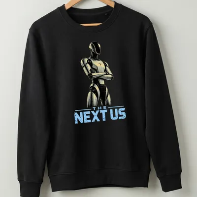 Futuristic humanoid robot shirt featuring sleek design with modern colors — printed on a unisex sweatshirt