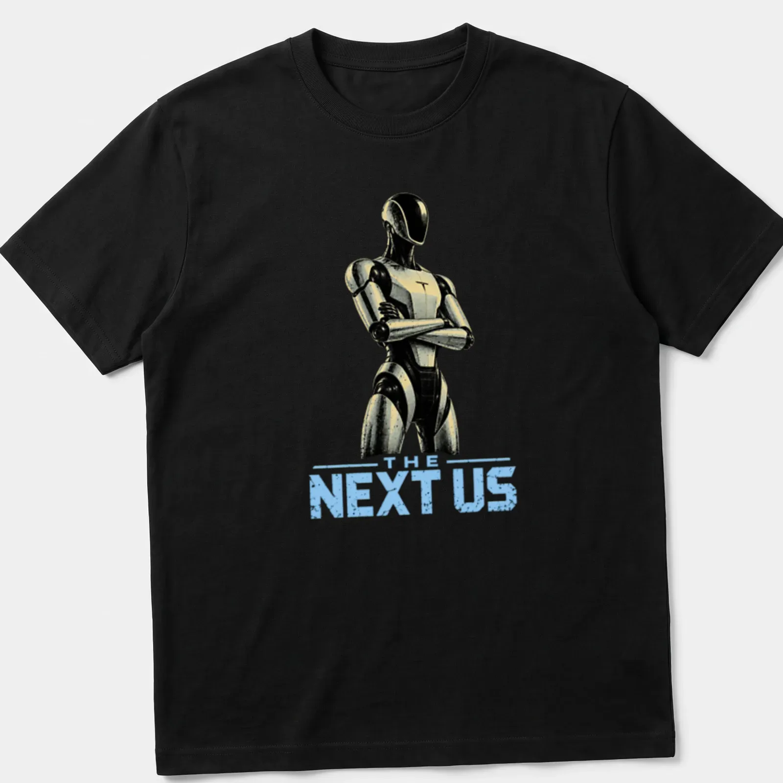 Futuristic humanoid robot shirt featuring sleek design with modern colors — printed on a unisex t-shirt