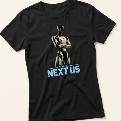 Futuristic humanoid robot shirt featuring sleek design with modern colors — printed on a women's shirt