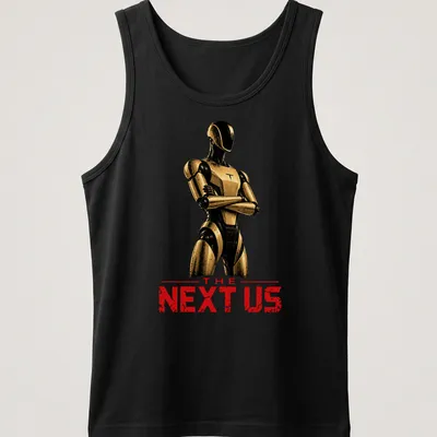 Futuristic humanoid robot silhouette with bold text 'THE NEXT US' in gold and black — printed on a tank top