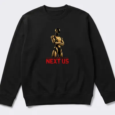 Futuristic humanoid robot silhouette with bold text 'THE NEXT US' in gold and black — printed on a unisex sweatshirt