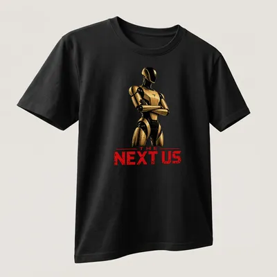Futuristic humanoid robot silhouette with bold text 'THE NEXT US' in gold and black — printed on a unisex t-shirt (angled view)