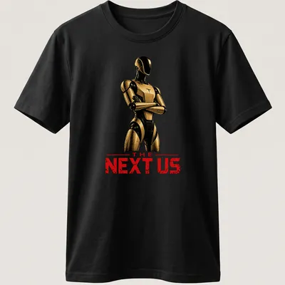 Futuristic humanoid robot silhouette with bold text 'THE NEXT US' in gold and black