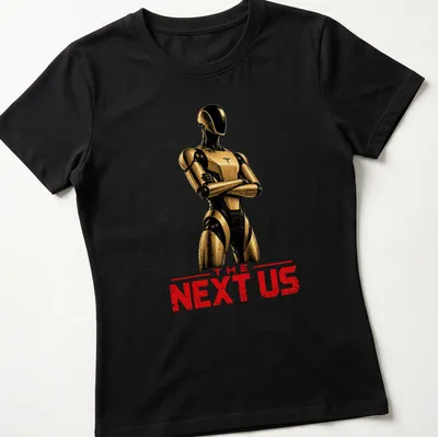 Futuristic humanoid robot silhouette with bold text 'THE NEXT US' in gold and black — printed on a women's shirt