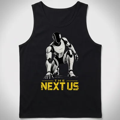Silhouette of a futuristic humanoid robot with text 'THE NEXT US' beneath it. — printed on a tank top