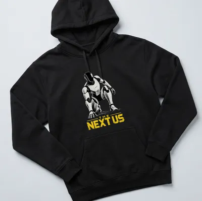 Silhouette of a futuristic humanoid robot with text 'THE NEXT US' beneath it. — printed on a unisex hoodie