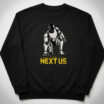 Silhouette of a futuristic humanoid robot with text 'THE NEXT US' beneath it. — printed on a unisex sweatshirt