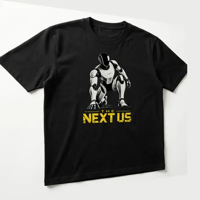 Silhouette of a futuristic humanoid robot with text 'THE NEXT US' beneath it. — printed on a unisex t-shirt (angled view)