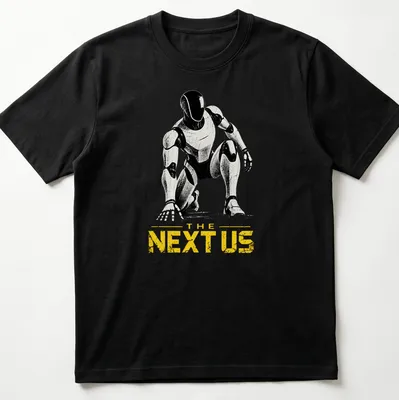 Silhouette of a futuristic humanoid robot with text 'THE NEXT US' beneath it.
