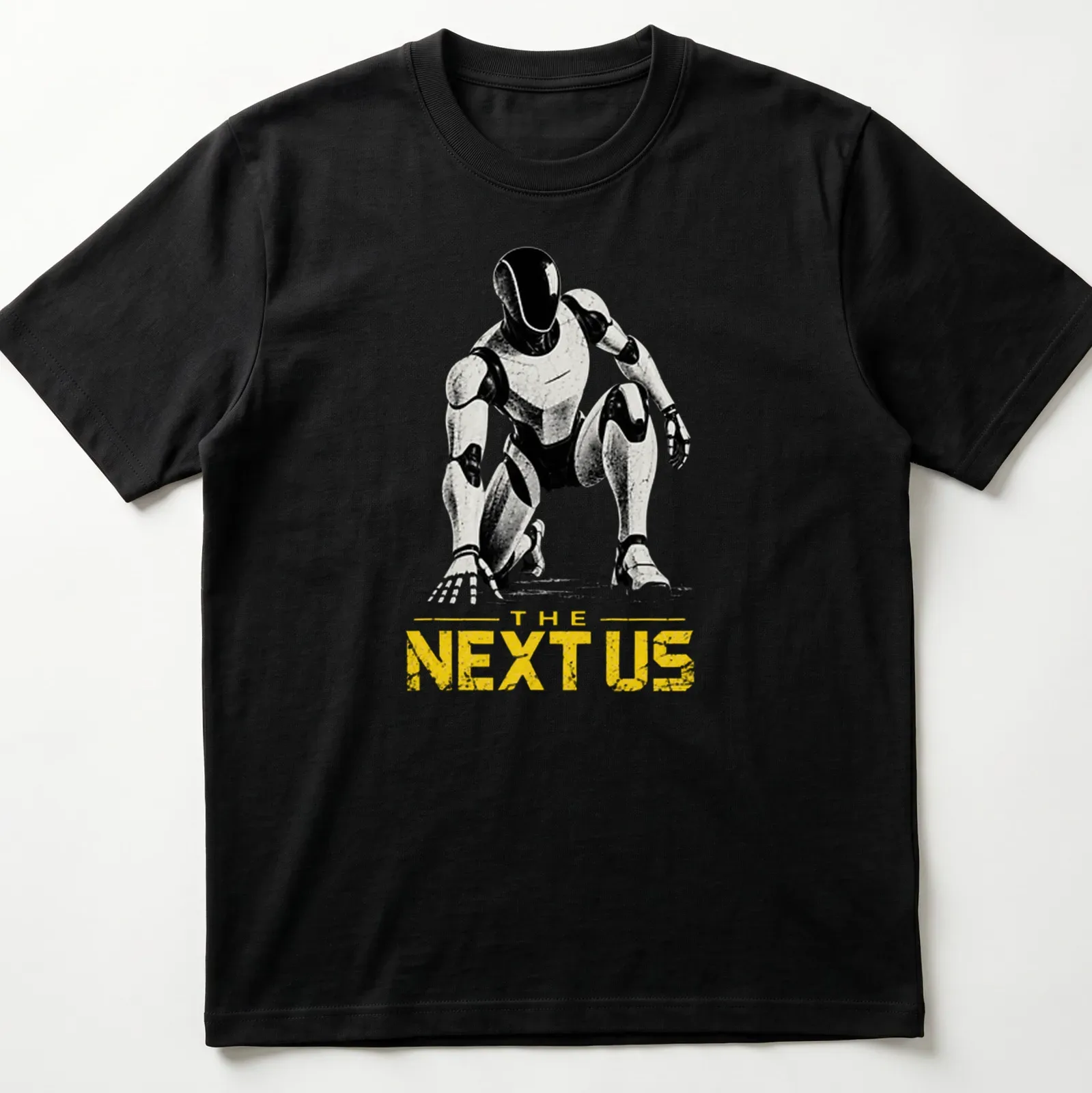 Silhouette of a futuristic humanoid robot with text 'THE NEXT US' beneath it. — printed on a unisex t-shirt