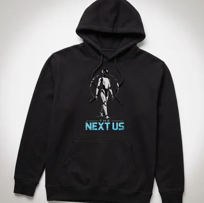 Silhouette of a futuristic humanoid robot with the text 'THE NEXT US' in bold font — printed on a unisex hoodie