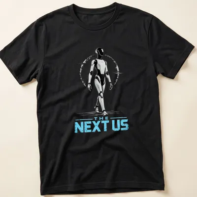 Silhouette of a futuristic humanoid robot with the text 'THE NEXT US' in bold font