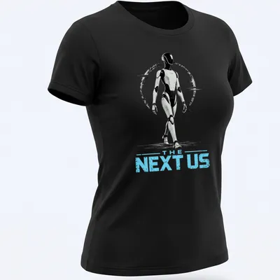 Silhouette of a futuristic humanoid robot with the text 'THE NEXT US' in bold font — printed on a women's shirt