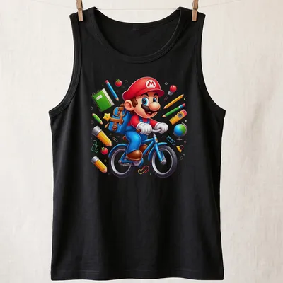 Kawaii cartoon of a gamer plumber riding a bicycle with school supplies — printed on a tank top