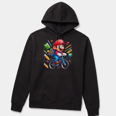 Kawaii cartoon of a gamer plumber riding a bicycle with school supplies — printed on a unisex hoodie