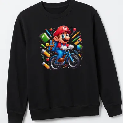 Kawaii cartoon of a gamer plumber riding a bicycle with school supplies — printed on a unisex sweatshirt
