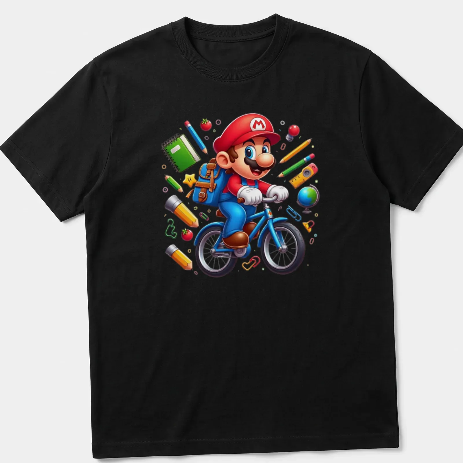 Kawaii cartoon of a gamer plumber riding a bicycle with school supplies — printed on a unisex t-shirt