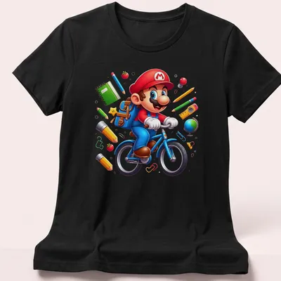 Kawaii cartoon of a gamer plumber riding a bicycle with school supplies — printed on a women's shirt