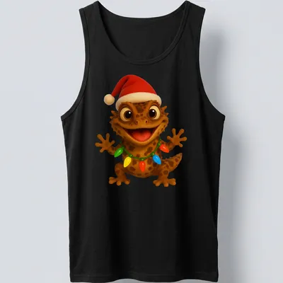 Cartoon Gargoyle Gecko adorned with colorful Christmas lights in festive colors. — printed on a tank top
