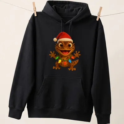 Cartoon Gargoyle Gecko adorned with colorful Christmas lights in festive colors. — printed on a unisex hoodie