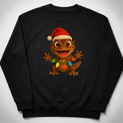Cartoon Gargoyle Gecko adorned with colorful Christmas lights in festive colors. — printed on a unisex sweatshirt