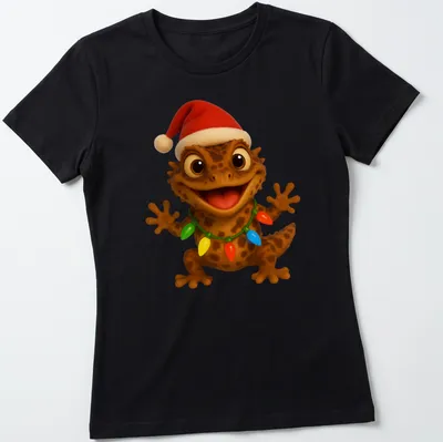 Cartoon Gargoyle Gecko adorned with colorful Christmas lights in festive colors. — printed on a women's shirt