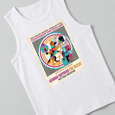 Mid-Century Modern German Shepherd graphic with rescue theme in bright colors — printed on a tank top