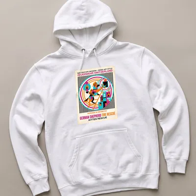 Mid-Century Modern German Shepherd graphic with rescue theme in bright colors — printed on a unisex hoodie