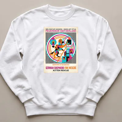 Mid-Century Modern German Shepherd graphic with rescue theme in bright colors — printed on a unisex sweatshirt