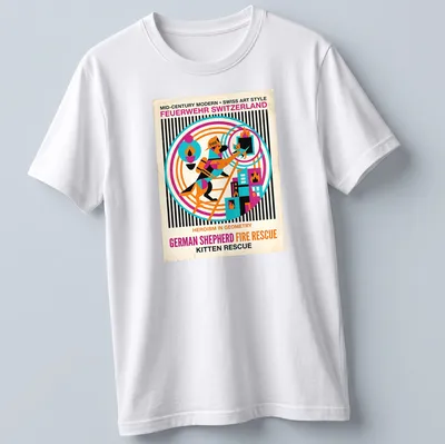 Mid-Century Modern German Shepherd graphic with rescue theme in bright colors