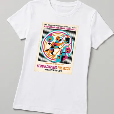 Mid-Century Modern German Shepherd graphic with rescue theme in bright colors — printed on a women's shirt