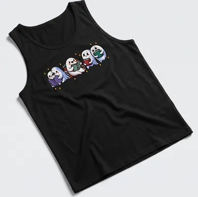 Kawaii illustration of cute ghosts reading books with sparkling gold accents — printed on a tank top