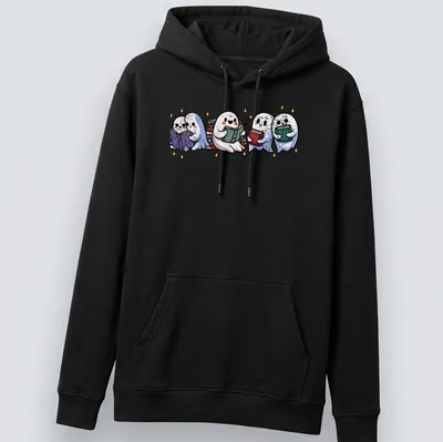 Kawaii illustration of cute ghosts reading books with sparkling gold accents — printed on a unisex hoodie