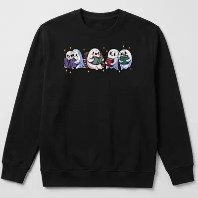 Kawaii illustration of cute ghosts reading books with sparkling gold accents — printed on a unisex sweatshirt