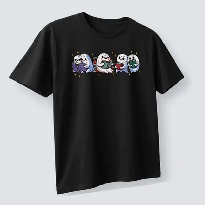 Kawaii illustration of cute ghosts reading books with sparkling gold accents — printed on a unisex t-shirt (angled view)