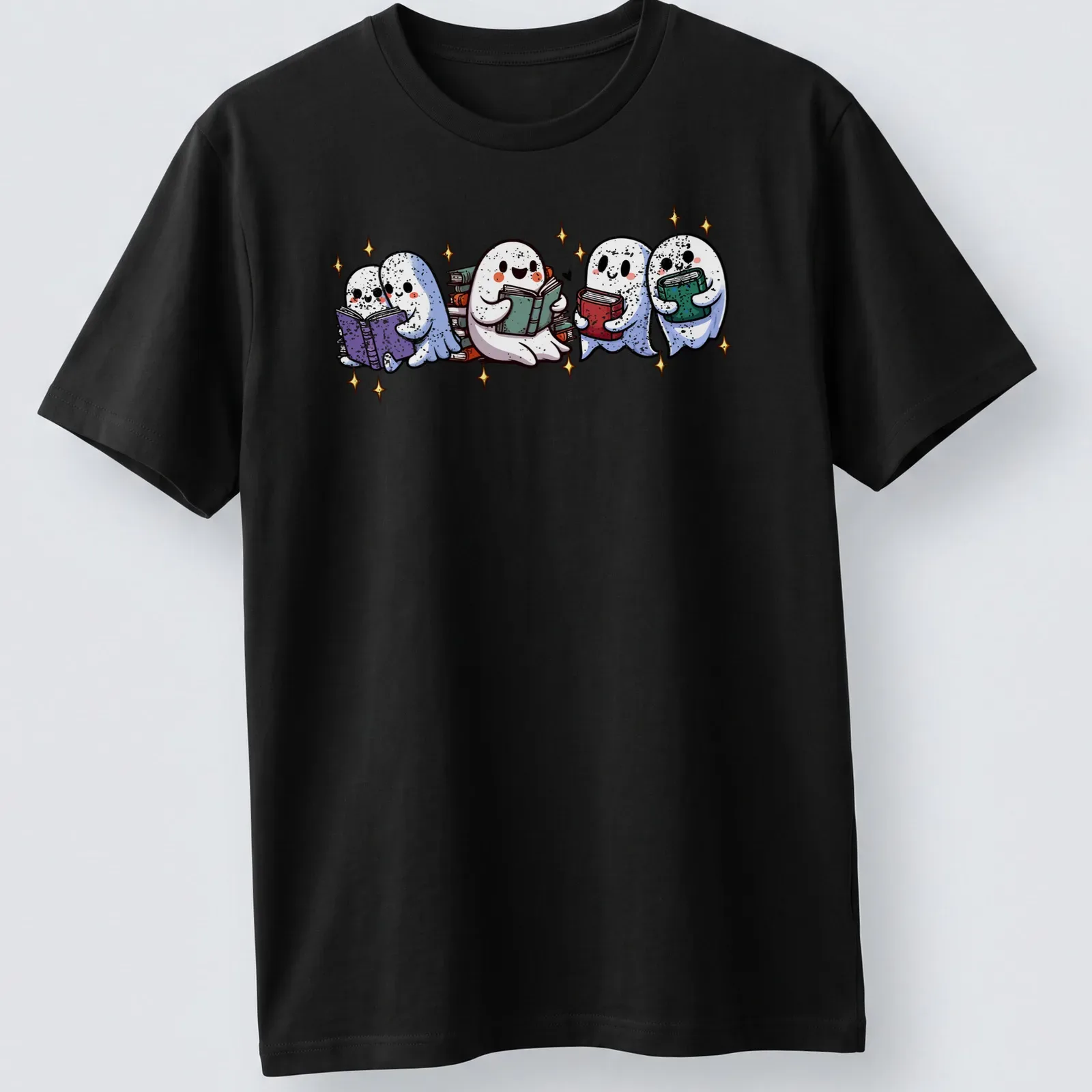 Kawaii illustration of cute ghosts reading books with sparkling gold accents — printed on a unisex t-shirt