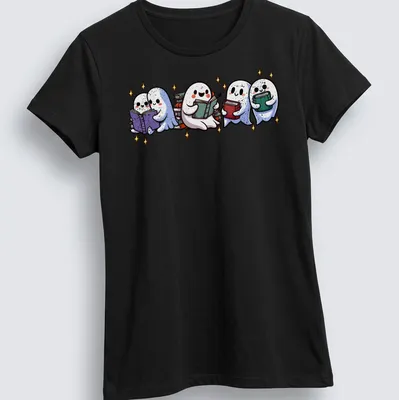 Kawaii illustration of cute ghosts reading books with sparkling gold accents — printed on a women's shirt