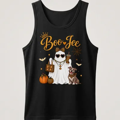 Kawaii illustration of a ghost and dog with 'Boo JEE' text in orange and yellow — printed on a tank top