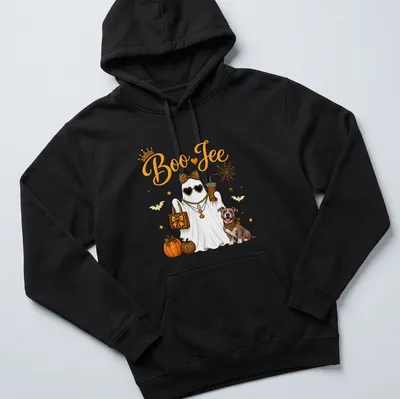 Kawaii illustration of a ghost and dog with 'Boo JEE' text in orange and yellow — printed on a unisex hoodie