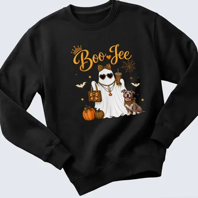 Kawaii illustration of a ghost and dog with 'Boo JEE' text in orange and yellow — printed on a unisex sweatshirt