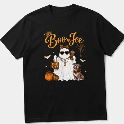 Kawaii illustration of a ghost and dog with 'Boo JEE' text in orange and yellow