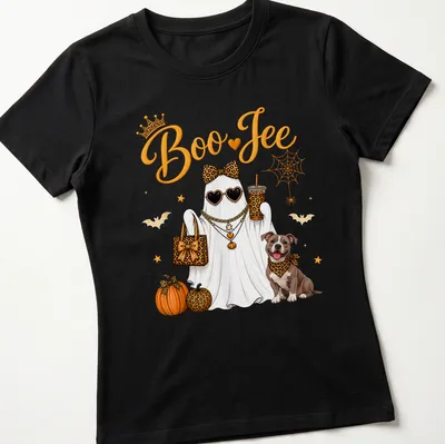 Kawaii illustration of a ghost and dog with 'Boo JEE' text in orange and yellow — printed on a women's shirt