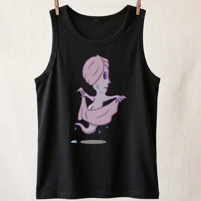 Cartoon ghost in towel with humorous text about BOOty in purple and light blue. — printed on a tank top