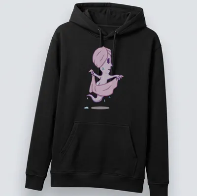 Cartoon ghost in towel with humorous text about BOOty in purple and light blue. — printed on a unisex hoodie