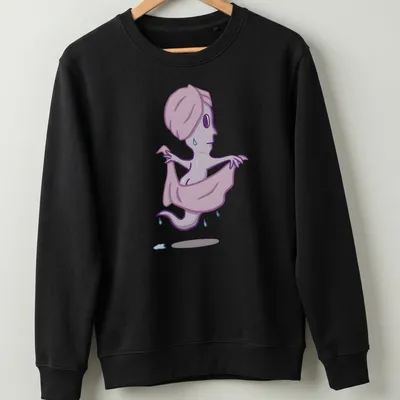 Cartoon ghost in towel with humorous text about BOOty in purple and light blue. — printed on a unisex sweatshirt