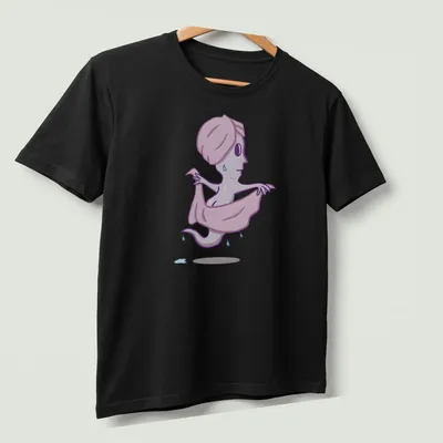 Cartoon ghost in towel with humorous text about BOOty in purple and light blue. — printed on a unisex t-shirt (angled view)