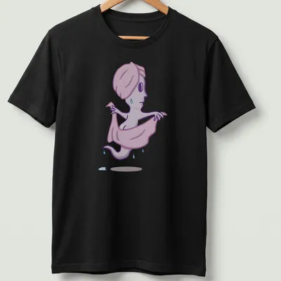 Cartoon ghost in towel with humorous text about BOOty in purple and light blue.