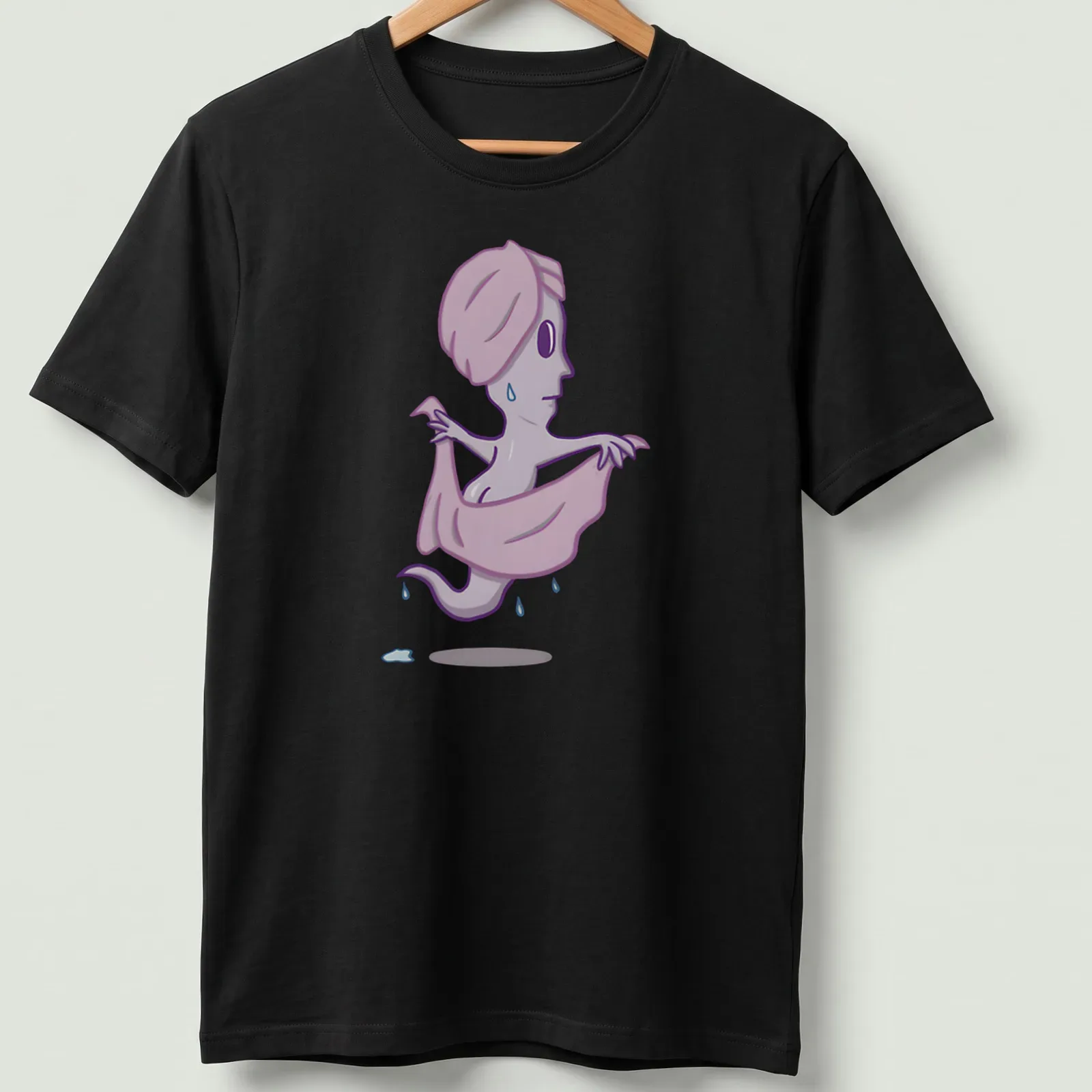 Cartoon ghost in towel with humorous text about BOOty in purple and light blue. — printed on a unisex t-shirt
