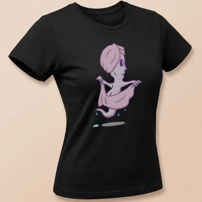 Cartoon ghost in towel with humorous text about BOOty in purple and light blue. — printed on a women's shirt